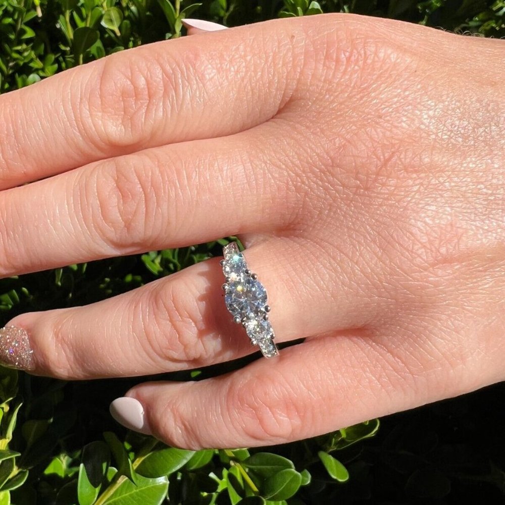 Real Moissanite Promise Engagement Ring Silver Three Stone VVS D Color